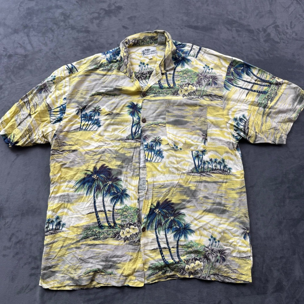 Point Zero Island Paradise Hawaiian Shirt Mens L Yellow Rayon Palm Tree Tropical